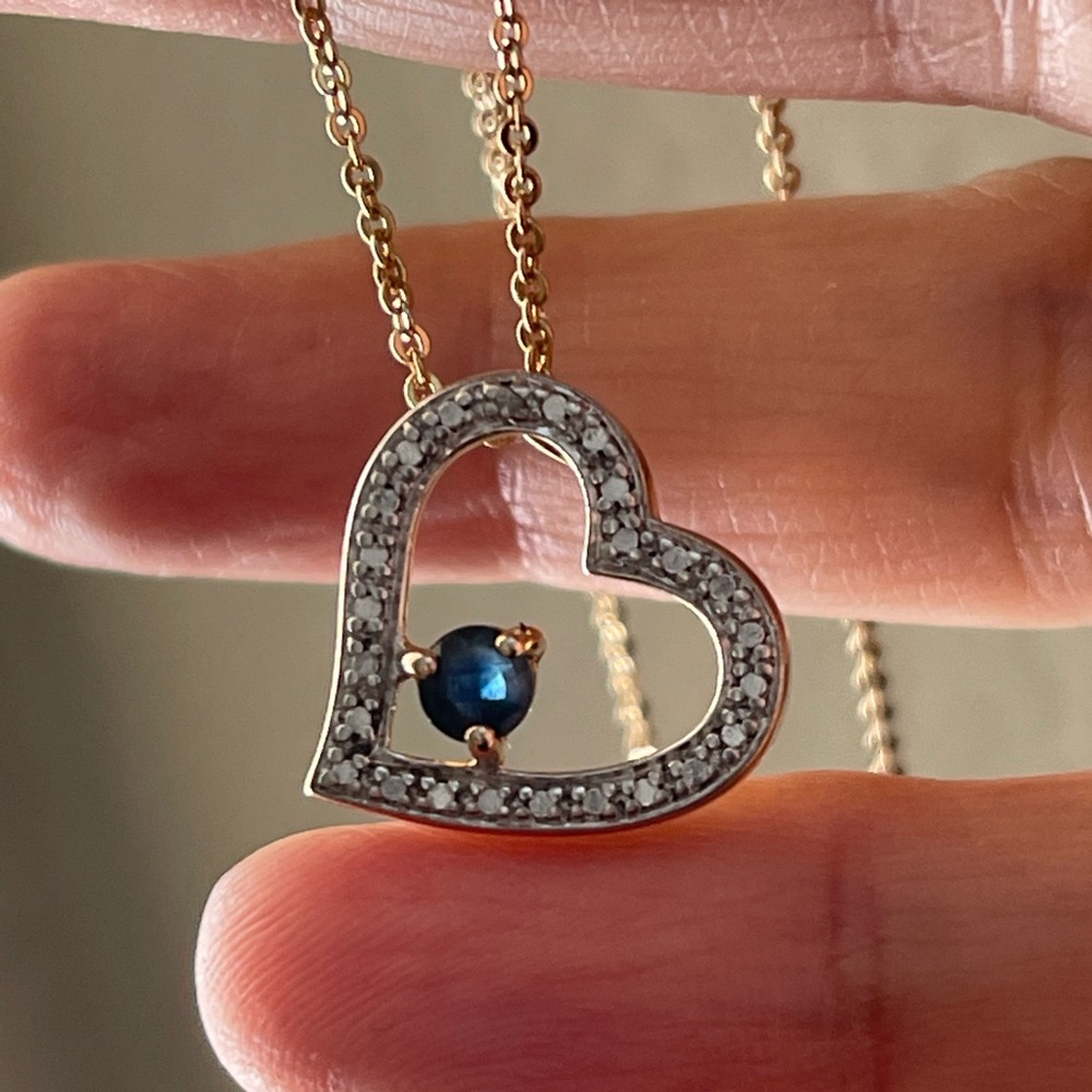 Blue sapphire and diamond gold plated sterling silver heart pendant